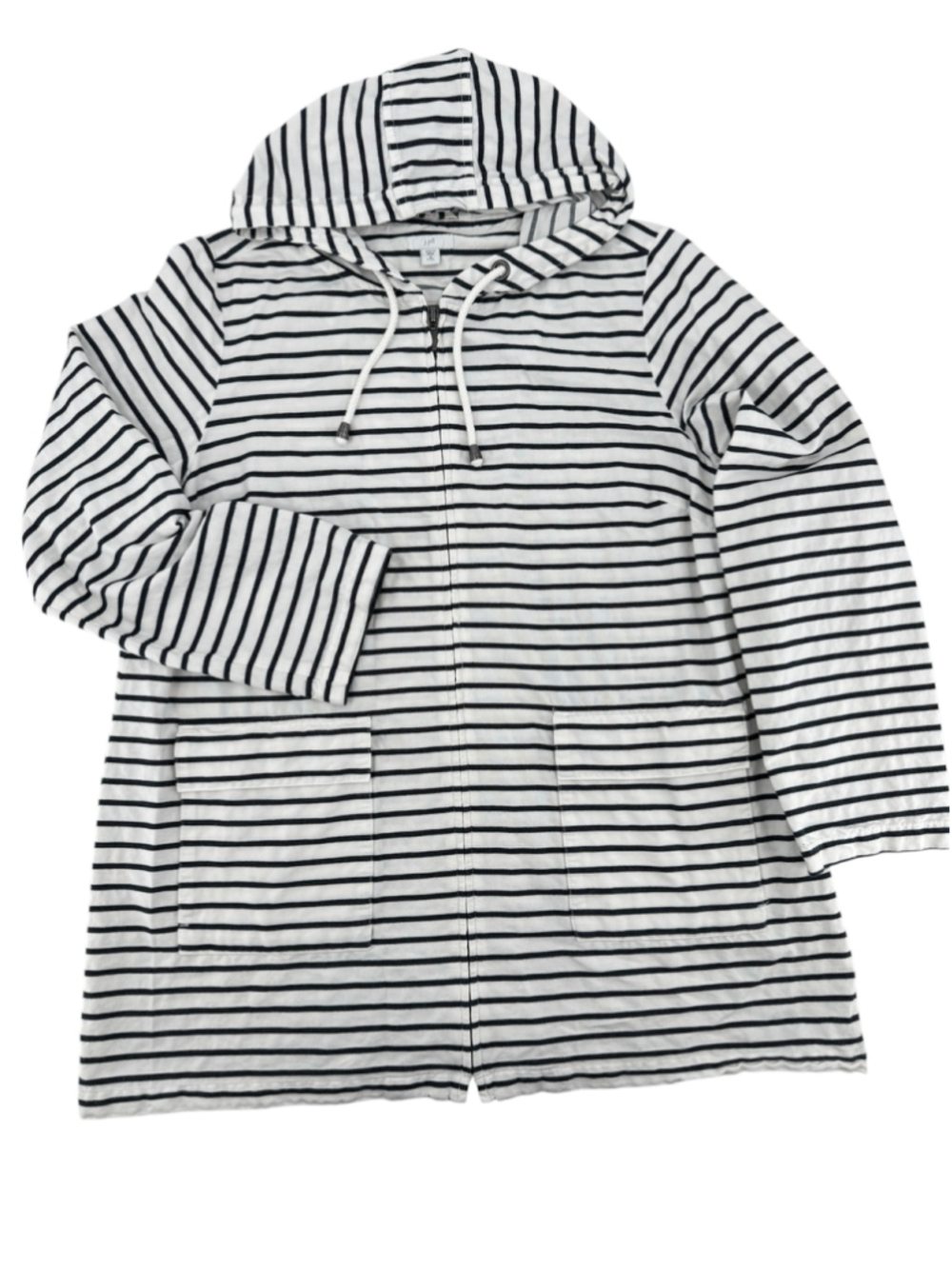 J. Jill Striped Hooded Jacket White Black Zip Front Cotton Pockets Coastal Sz MP